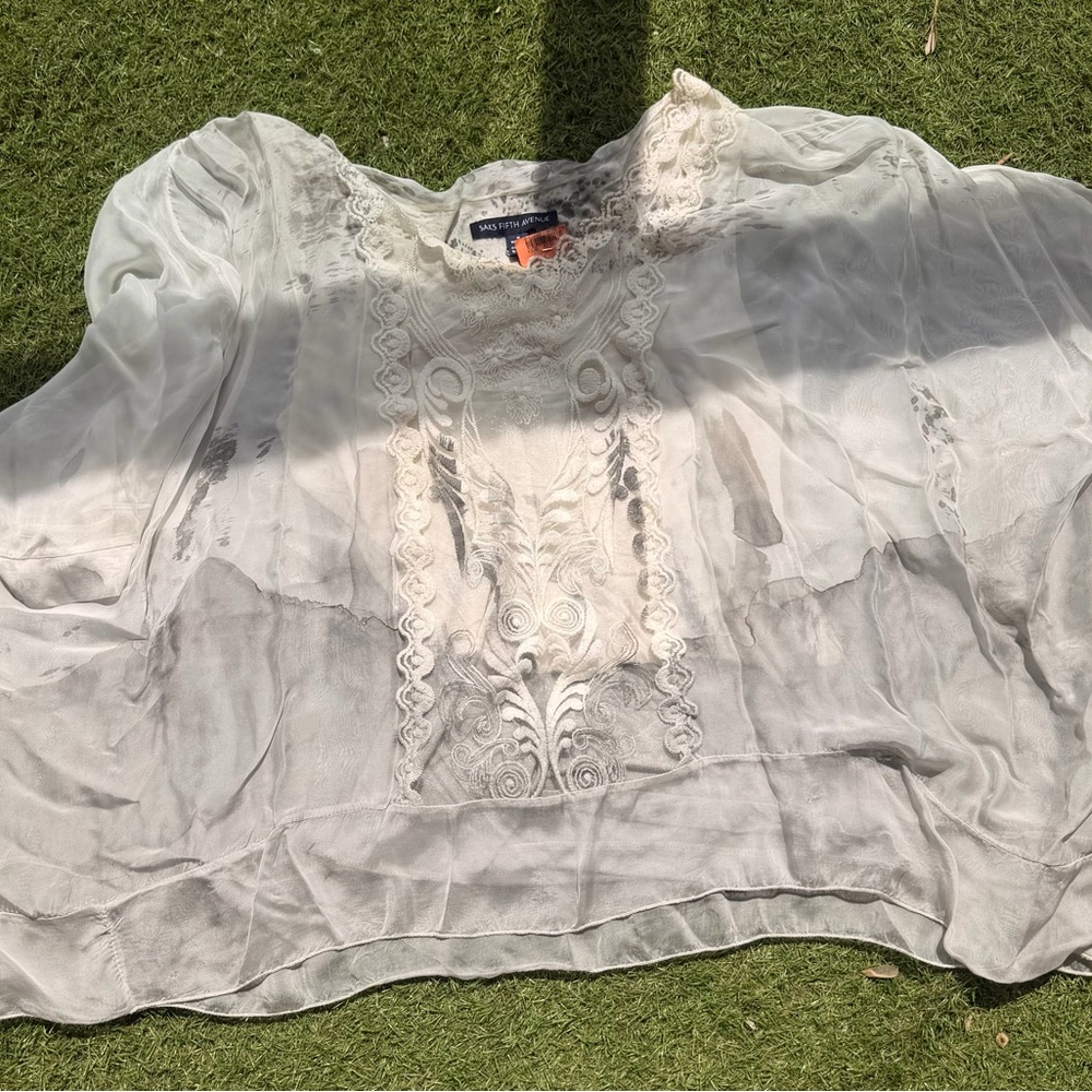 Saks Fifth Avenue Sheer Ivory Embroidered Boho Blouse